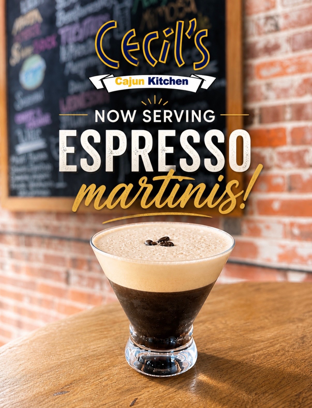 A Cecil's Cajun Kitchen espresso martini with three coffee beans on top