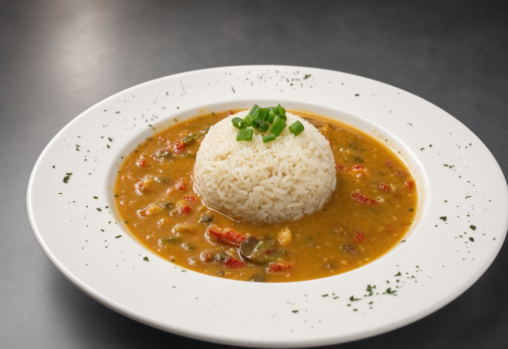 A bowl of crawfish étouffée with a mound of white rice and green onions
